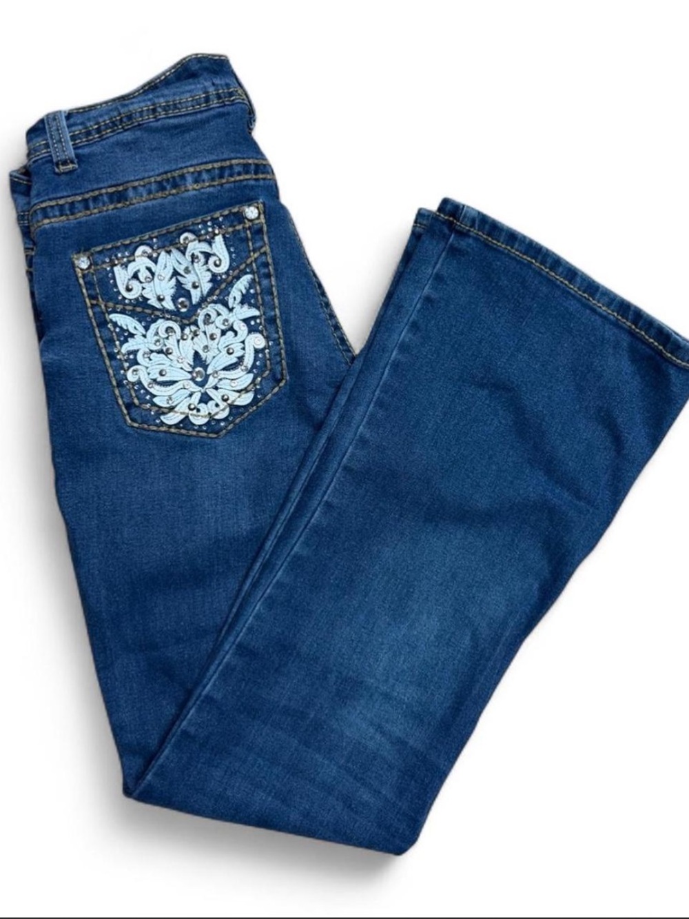 vintage low rise blue flare jeans with rhinestone embroidered pockets